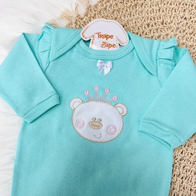 Conj. Body Manga Longa Ursinha com Coroa e Calça Poá- Verde Água